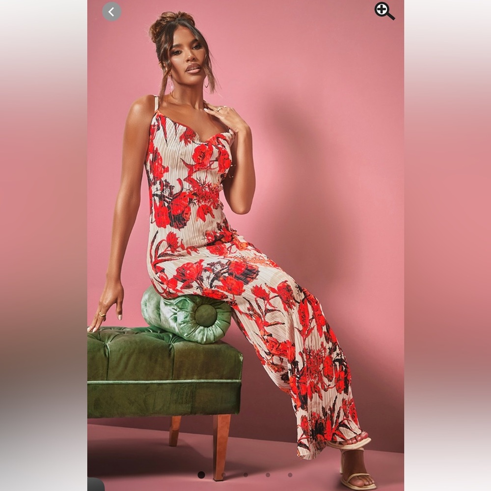 Nude Floral Plisse Strappy Maxi Dress